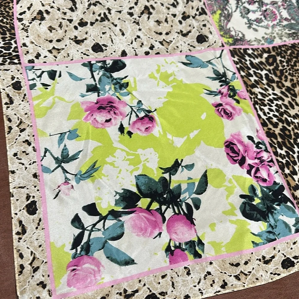 Pure Silk Scarf by Bassler leopard floral black cream pink teal 27x27